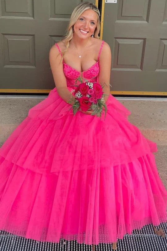 Straps Layered Tulle Hot Pink Long Prom Dress Party Dress PSK627
