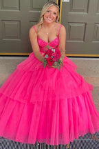 Straps Layered Tulle Hot Pink Long Prom Dress Party Dress PSK627
