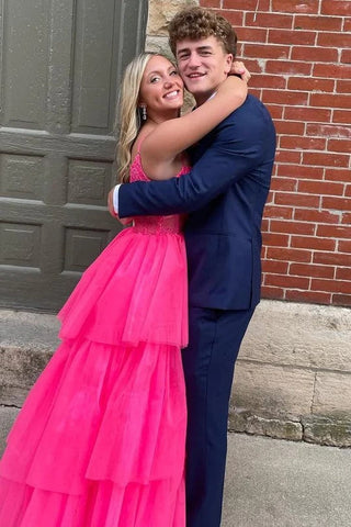 Träger Lagen Tüll Hot Pink Langes Ballkleid Partykleid PSK627