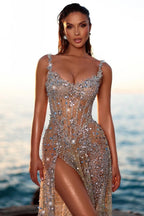 Stunning Long A Line Sweetheart Sequined Beading Sleeveless Prom Dress With Slit