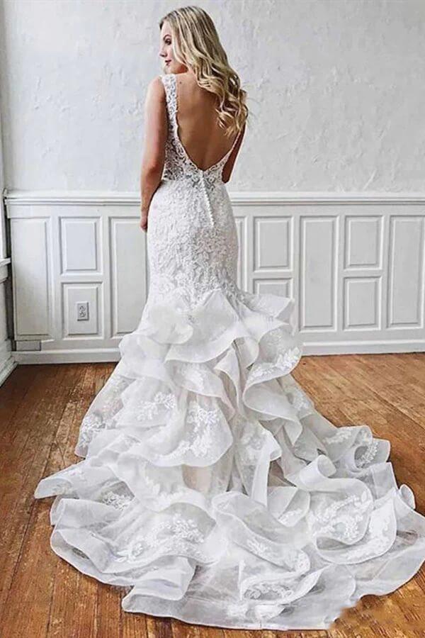 NumberSea Stunning Mermaid Tulle Lace Wedding Dresses With Ruffles, Bridal Gown, MW783