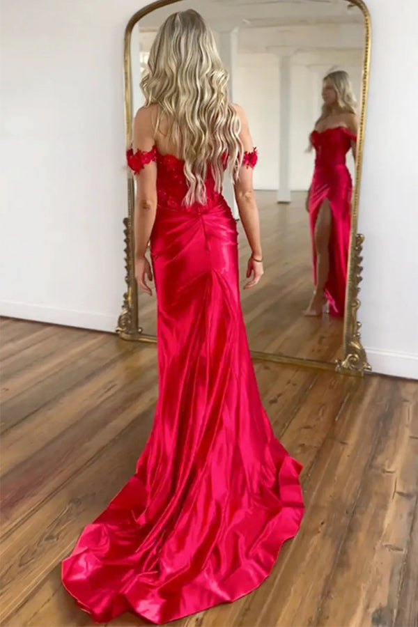 Stunning Off The Shoulder Red Long Prom Dress With 3D Flowers PSK585