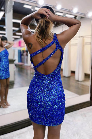Stilvolles One-Shoulder-Cocktailkleid mit glitzernden Ärmeln und Mini-Abschlussballkleid PD494