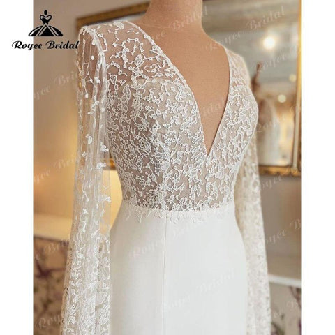 Sukienka Vintage Satin-Hochzeitskleid mit Spitzenmieder und V-Ausschnitt, offenem Rücken, langem Puffärmel, geteilten Seiten, Brautkleider, Vestido Novia 2022