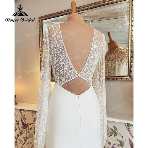Abito da Sposa in Satin con Corpetto in Pizzo Vintage, Scollo a V, Schiena Scoperta, Maniche a Sbuffo Lunghe e Spacco Laterale, Vestito da Sposa 2022