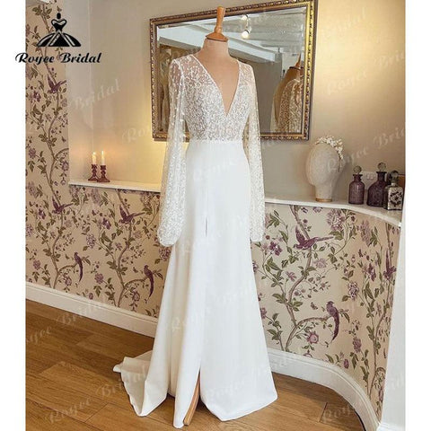 Sukienka Vintage Satin-Hochzeitskleid mit Spitzenmieder und V-Ausschnitt, offenem Rücken, langem Puffärmel, geteilten Seiten, Brautkleider, Vestido Novia 2022