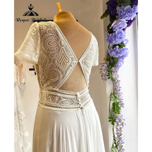 Sommer Strand Boho Bohemian Spitze Mieder Chiffon Flügelärmeln Brautkleid für Braut 2024 V-Ausschnitt Rückenfreies Brautkleid für Frauen 