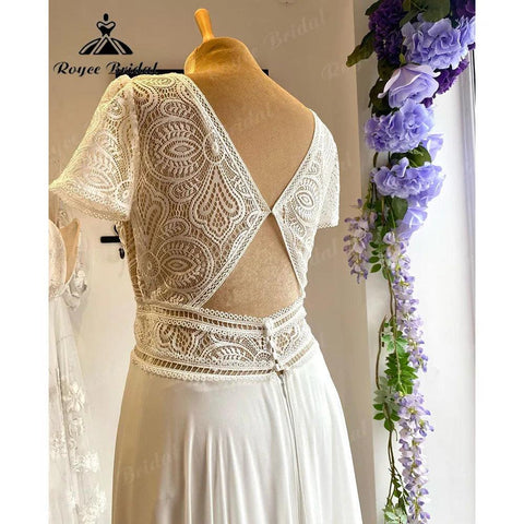 Sommer Strand Boho Bohemian Spitze Mieder Chiffon Flügelärmeln Brautkleid für Braut 2024 V-Ausschnitt Rückenfreies Brautkleid für Frauen 