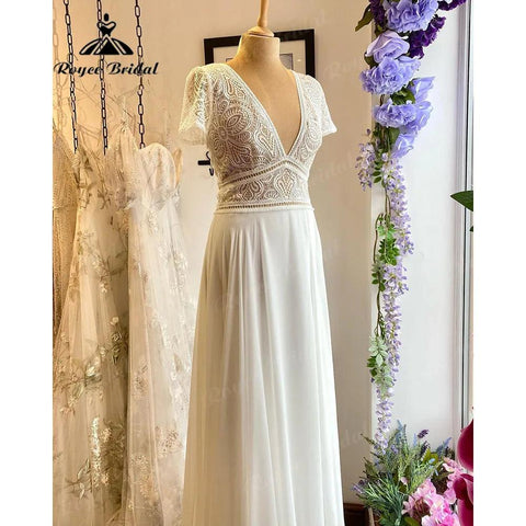 Sommer Strand Boho Bohemian Spitze Mieder Chiffon Flügelärmeln Brautkleid für Braut 2024 V-Ausschnitt Rückenfreies Brautkleid für Frauen 