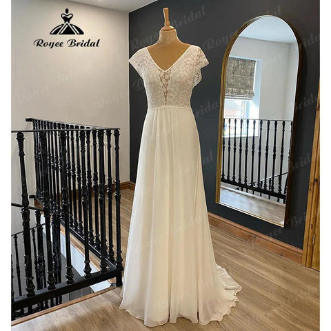 Sommer Chic Spitze Mieder Chiffon Boho Strand Flügelärmeln Brautkleid mit V-Ausschnitt 2024 Brautkleid abito da sposa Civil Elegant 