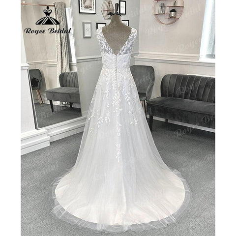 NumberSea Sommer Fließende Spitze V-ausschnitt Backless Boho Strand Hochzeit Kleid für Frauen 2024 Ärmelloses Brautkleid für Braut robe de mariee Sexy 