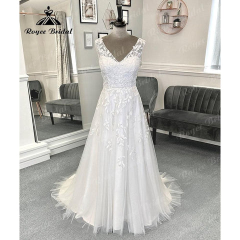 NumberSea Sommer Fließende Spitze V-ausschnitt Backless Boho Strand Hochzeit Kleid für Frauen 2024 Ärmelloses Brautkleid für Braut robe de mariee Sexy 