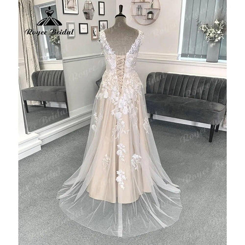 Sommer Spitze Floral Champagner Frauen Hochzeit Kleid mit V Ausschnitt 2024 Braut Gwon Nach Maß Backless sukienka na wesele Sexy 