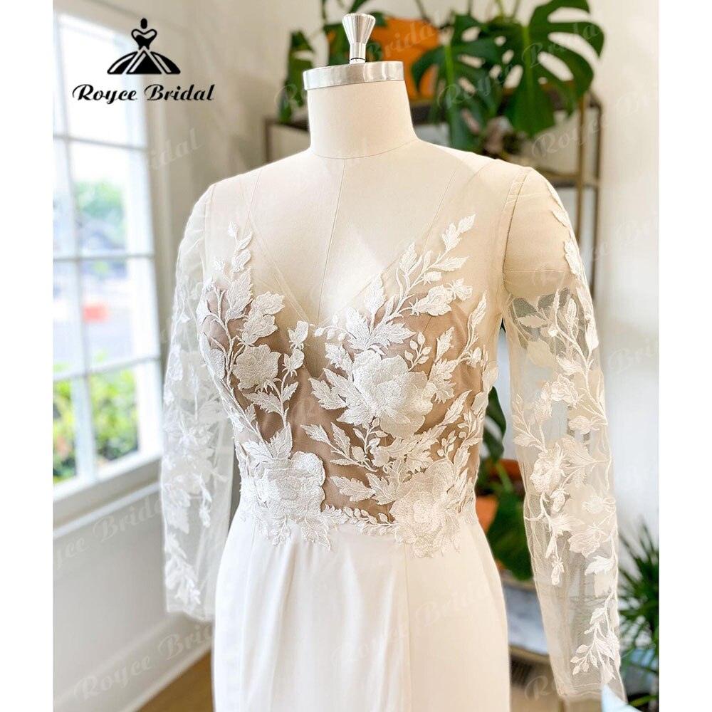 NumberSea Summer Long Sleeve Lace Soft Satin Mermaid Wedding Dress V Neck 2025 Appliques Bridal Gown Sweep Train robe robe de mariée sirèn