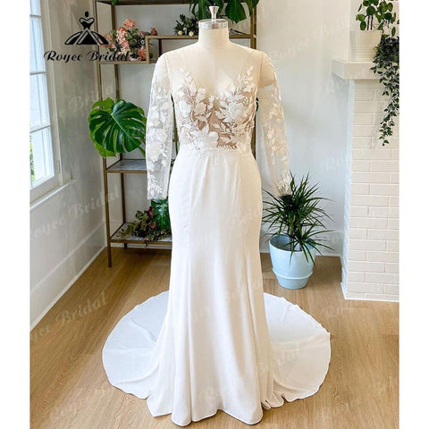 NumberSea Sommer Langarm Spitze Weiches Satin Meerjungfrau Hochzeitskleid V-Ausschnitt 2025 Applikationen Brautkleid Sweep Zug Robe Robe de Mariée Sirèn 
