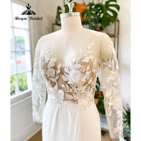 NumberSea Sommer Langarm Spitze Weiches Satin Meerjungfrau Hochzeitskleid V-Ausschnitt 2025 Applikationen Brautkleid Sweep Zug Robe Robe de Mariée Sirèn 