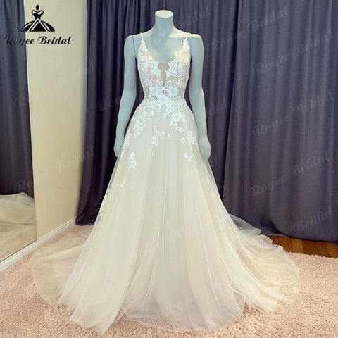 NumberSea Sommer Robe Bürger Spitze Boho Hochzeit Kleid mit V-ausschnitt 2024 Spaghetti-trägern Brautkleid Nach Maß vestido de novia NumberSea 
