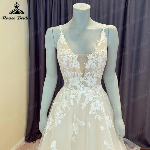 NumberSea Sommer Robe Bürger Spitze Boho Hochzeit Kleid mit V-ausschnitt 2024 Spaghetti-trägern Brautkleid Nach Maß vestido de novia NumberSea 