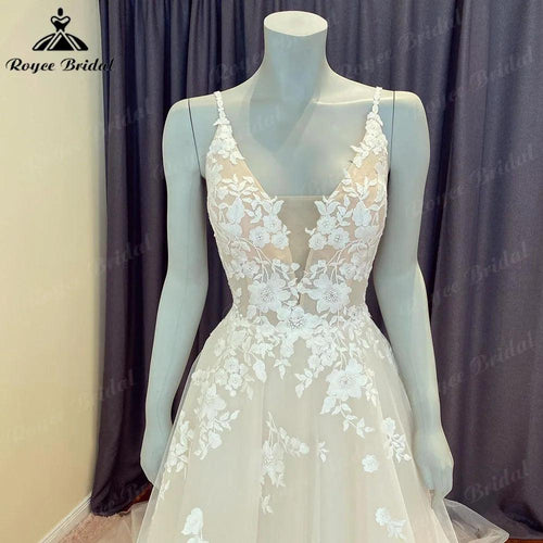 NumberSea Robe de mariée civile d'été en dentelle bohème avec encolure en V 2024, robe de mariée avec bretelles spaghetti sur mesure vestido de novia NumberSea