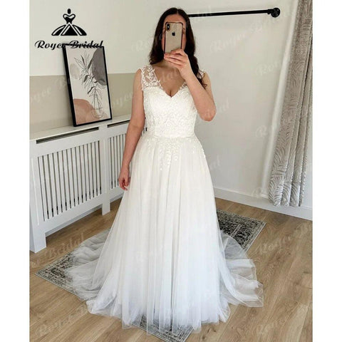 Sommer Ärmelloses Spitzenmieder Boho V-Ausschnitt Hochzeitskleid für Frauen 2024 Strand A-Linie Brautkleid Sweep Zug Vestidos De Novia 