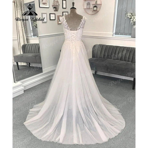 Sommer Ärmelloses Spitzenmieder Boho V-Ausschnitt Hochzeitskleid für Frauen 2024 Strand A-Linie Brautkleid Sweep Zug Vestidos De Novia 