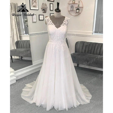 Sommer Ärmelloses Spitzenmieder Boho V-Ausschnitt Hochzeitskleid für Frauen 2024 Strand A-Linie Brautkleid Sweep Zug Vestidos De Novia 