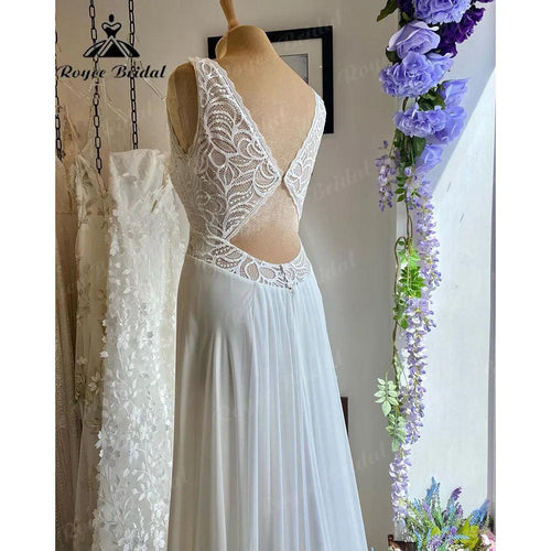 Sommer Tank Ärmelloses Spitzen Mieder Chiffon Open Back Boho Brautkleid für Braut 2024 Hochzeitskleid Quittung Partykleid Elegant 