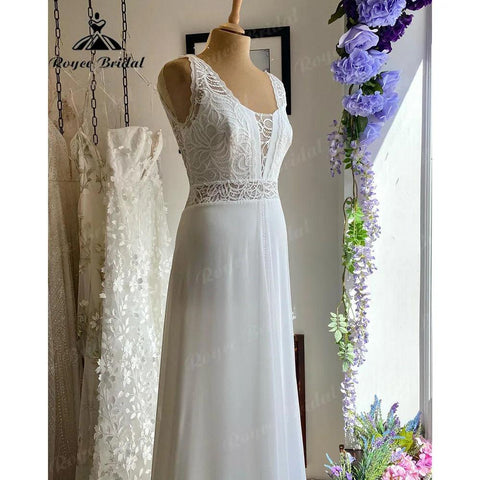 Sommer Tank Ärmelloses Spitzen Mieder Chiffon Open Back Boho Brautkleid für Braut 2024 Hochzeitskleid Quittung Partykleid Elegant 
