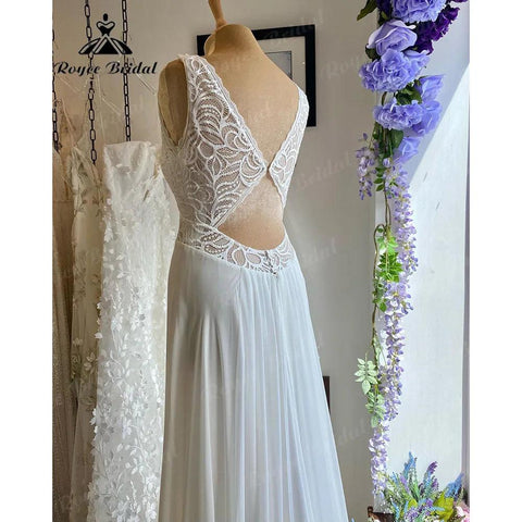 Sommer Tank Ärmelloses Spitzen Mieder Chiffon Open Back Boho Brautkleid für Braut 2024 Hochzeitskleid Quittung Partykleid Elegant 