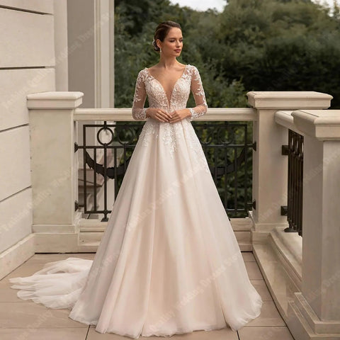 Sweet Deep V Neck Wedding Dresses For Women 2024 A Line Ivory Lace Long Sleeves Vintage Bride Ball Bridal Gown Vestidos De Novia
