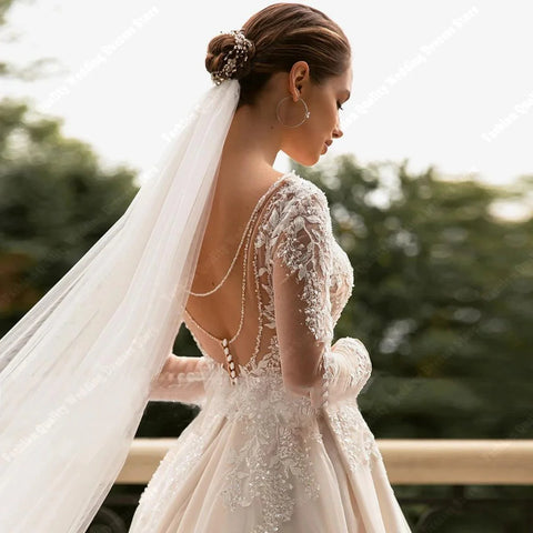 Sweet Deep V Neck Wedding Dresses For Women 2024 A Line Ivory Lace Long Sleeves Vintage Bride Ball Bridal Gown Vestidos De Novia