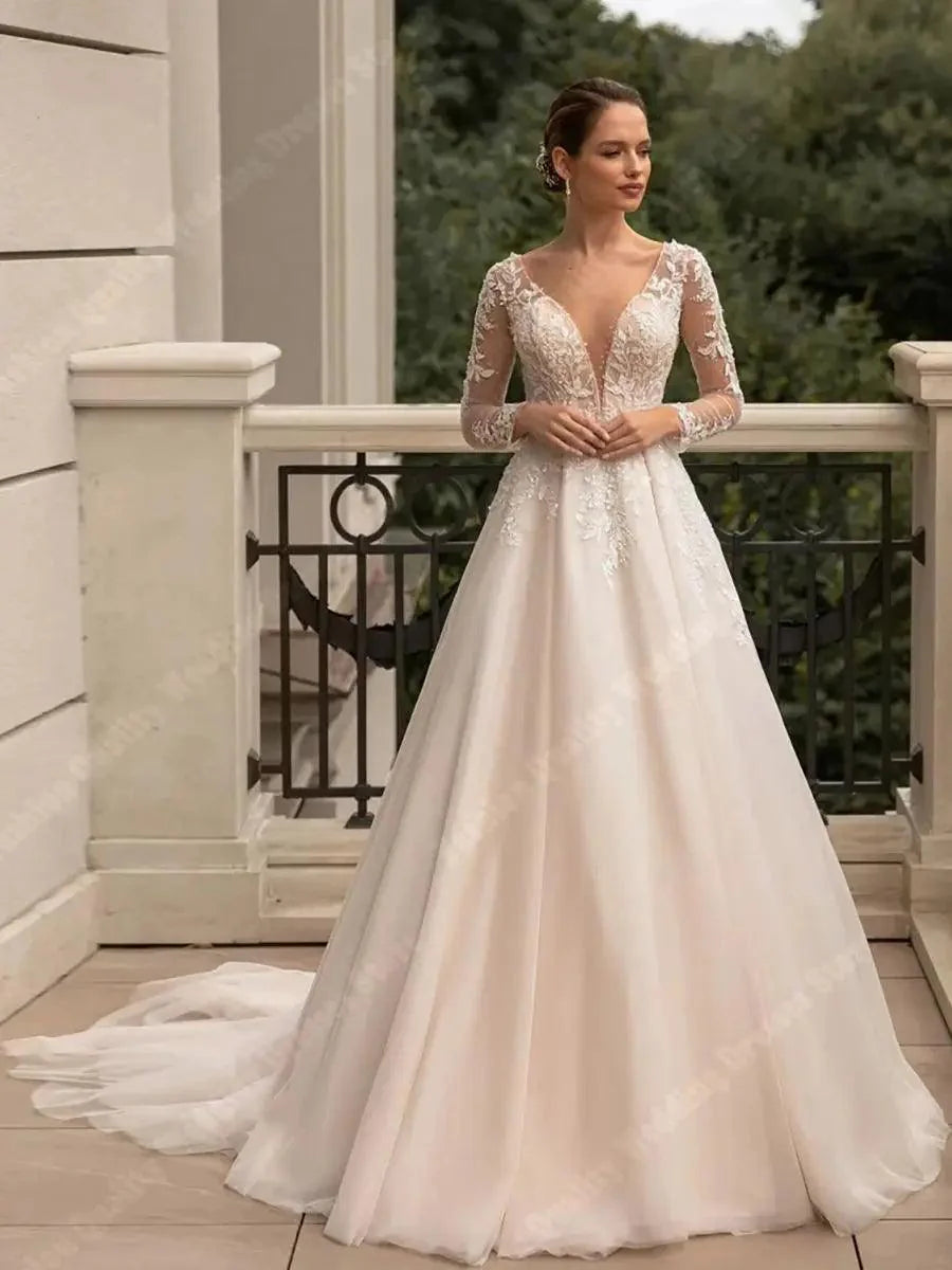 Vestidos de Novia de Escote en V Profundo Dulce para Mujer 2024 Línea A Encaje Marfil Mangas Largas Novia Vintage Vestido de Novia de Baile