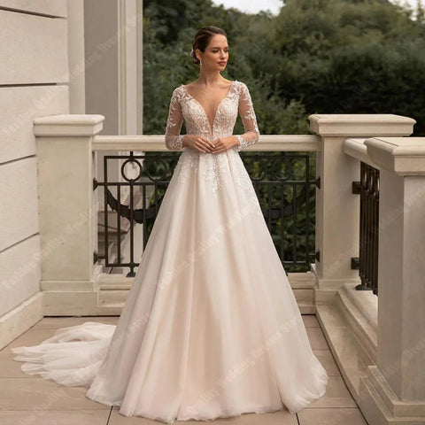 Sweet Deep V Neck Wedding Dresses For Women 2024 A Line Ivory Lace Long Sleeves Vintage Bride Ball Bridal Gown Vestidos De Novia