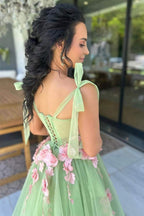 Sweet A-Line Sleeveless Tulle Green Prom Dress WIth Flowers PSK717