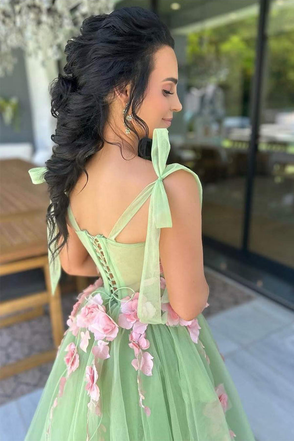 Sweet A-Line Sleeveless Tulle Green Prom Dress WIth Flowers PSK717