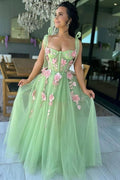 Robe de bal vert tulle sans manches ligne A sucrée avec fleurs PSK717