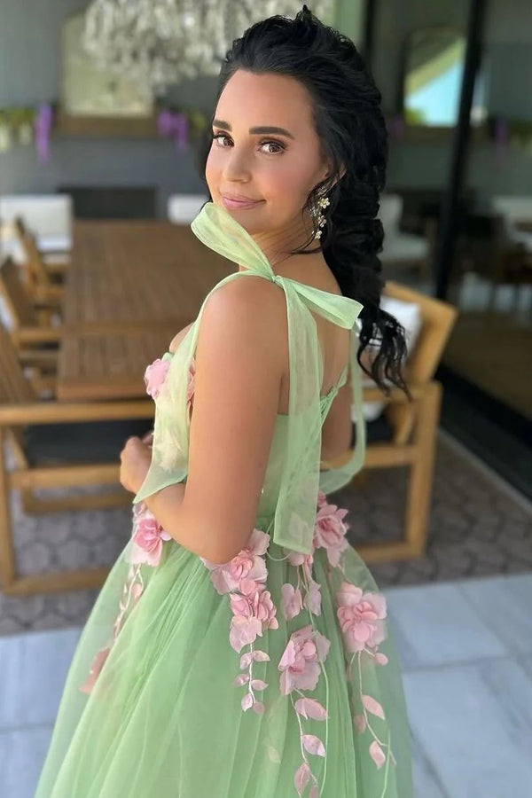Sweet A-Line Sleeveless Tulle Green Prom Dress WIth Flowers PSK717
