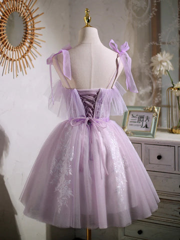 Süßes lila A-Linie kurzes Ballkleid Homecoming-Kleid mit Schleife PD463