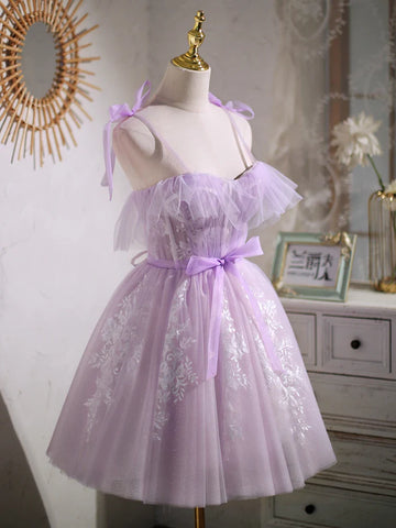 Süßes lila A-Linie kurzes Ballkleid Homecoming-Kleid mit Schleife PD463