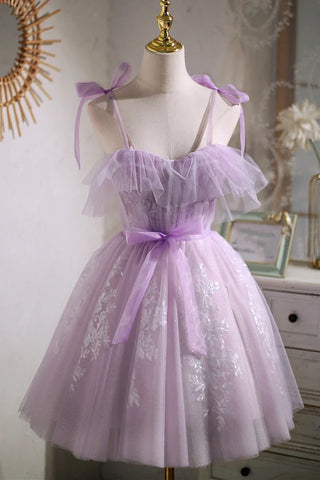 Süßes lila A-Linie kurzes Ballkleid Homecoming-Kleid mit Schleife PD463