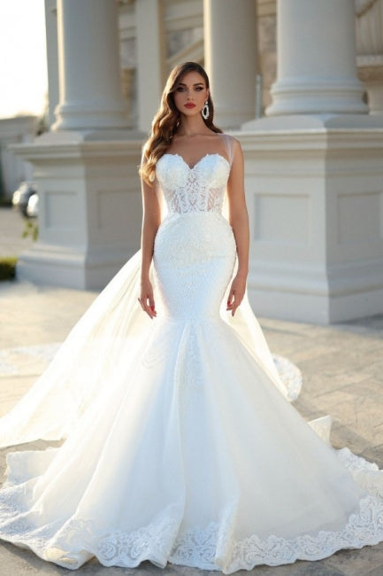Sweetheart-Mermaid-Hochzeitskleid in Weiß mit Hofzug