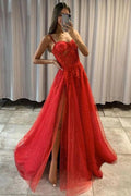 Robe de bal formelle en tulle scintillant avec dentelle rouge, coupe princesse, modèle PSK372