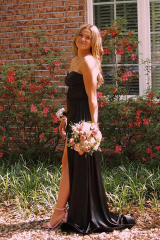 Schwarzes langes Ballkleid mit herzförmigem Korsett und Schlitz PSK593