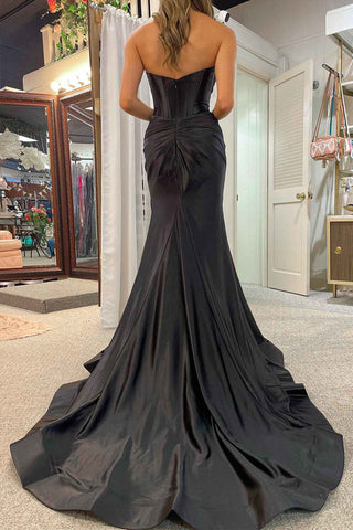 Vestido de festa preto comprido com corte sereia e racha PSK533