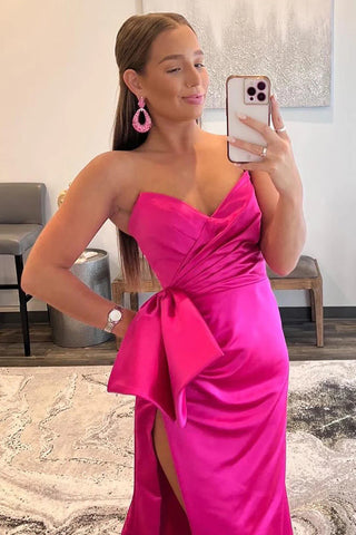 Hot Pink Etuikleid mit Herzausschnitt und Schleife, langes Ballkleid, PSK540