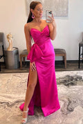 Hot Pink Etuikleid mit Herzausschnitt und Schleife, langes Ballkleid, PSK540