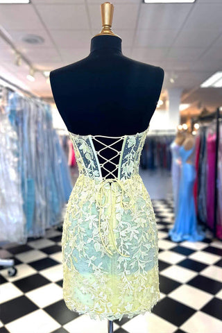 Herzförmiges, korsettförmiges, enges gelbes Homecoming-Kleid mit Spitzenbesatz PD565