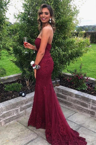 Sweetheart Mermaid Burgundy Prom Dress Strapless Evening Dress PSK427