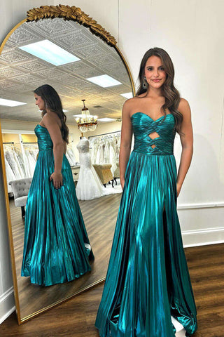 Vestido de festa comprido verde esmeralda com pregas metálicas e decote em coração PSK591