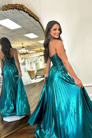 Vestido de festa comprido verde esmeralda com pregas metálicas e decote em coração PSK591